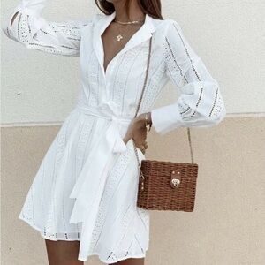 Zara White Eyelet Tie-Waist Mini Dress long sleeve a-line XS grad bridal bach